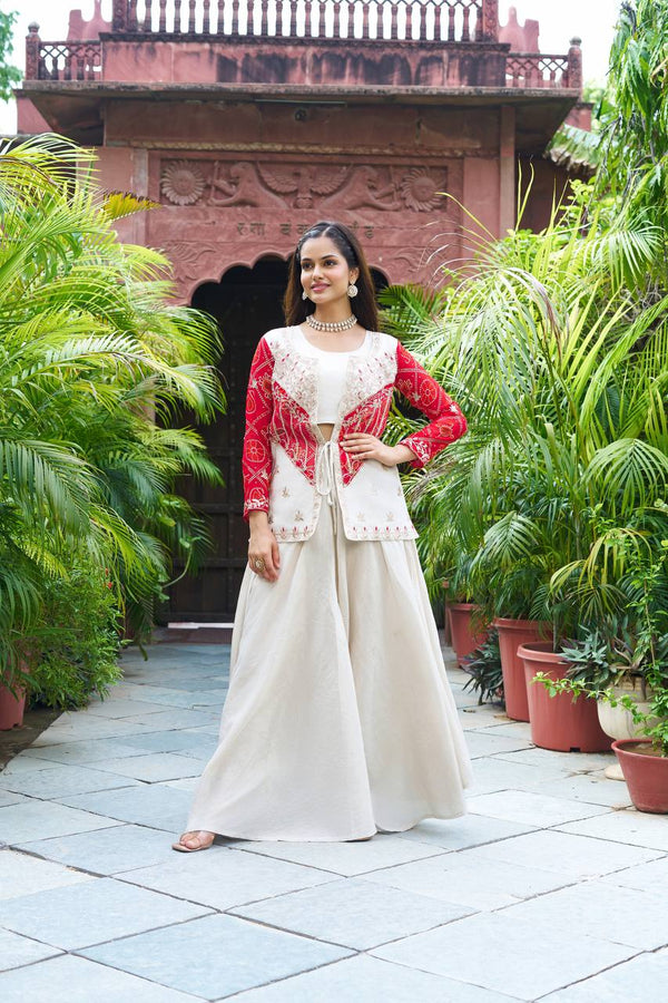 Designer White Color Palazzo Suit With Red Koti