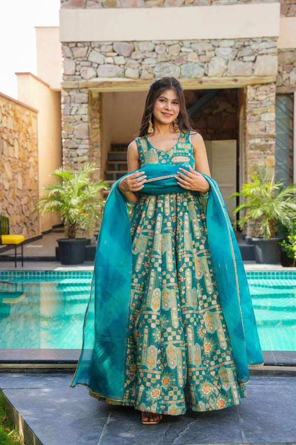 Teal Green Color Printed Exclusive Anarkali Gown