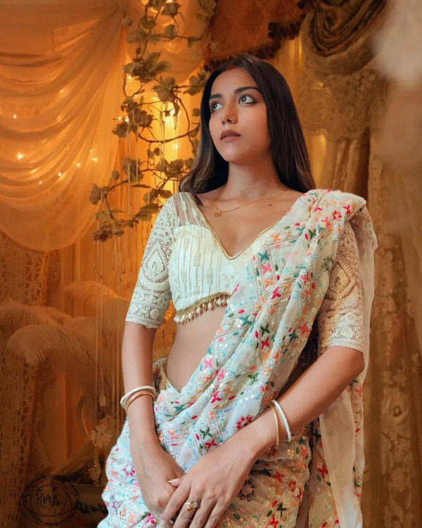 Wonderful Multicolor Embroidery Work Saree