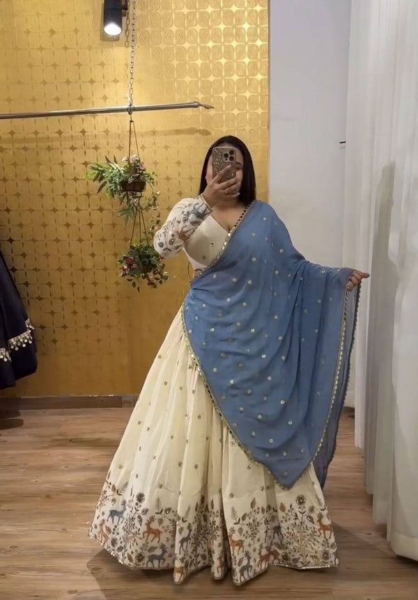 Traditional Wear White Lehenga Choli With Blue Dupatta