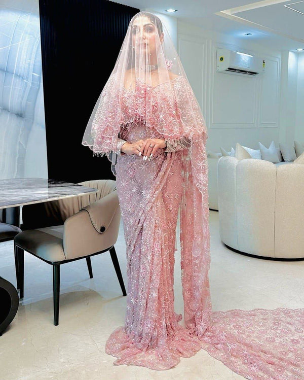 Pink Color Heavy Work Net Saree