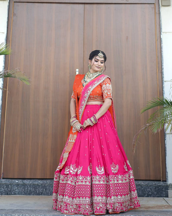Bridal Wear Pink Color Heavy Work Lehenga Choli