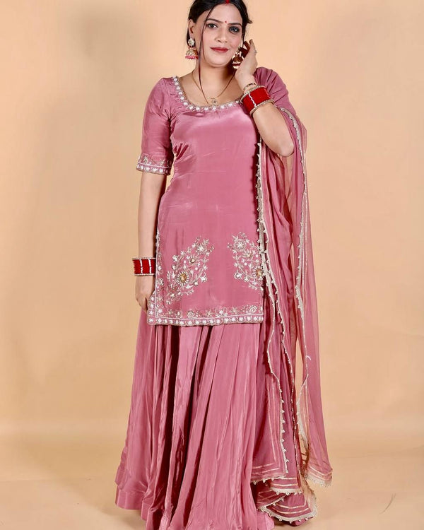 Pink Color Full Stitched Glimmering Sharara Suit