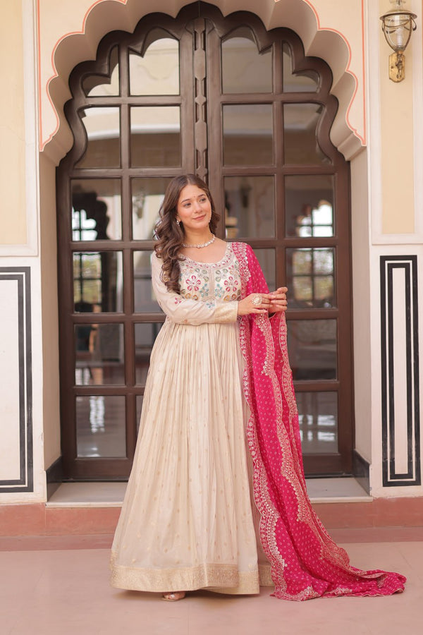 Pearl Beads Work Cream Color Gown With Pink Dupatta