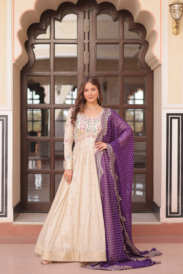Pearl Beads Work Cream Color Gown With Purple Dupatta