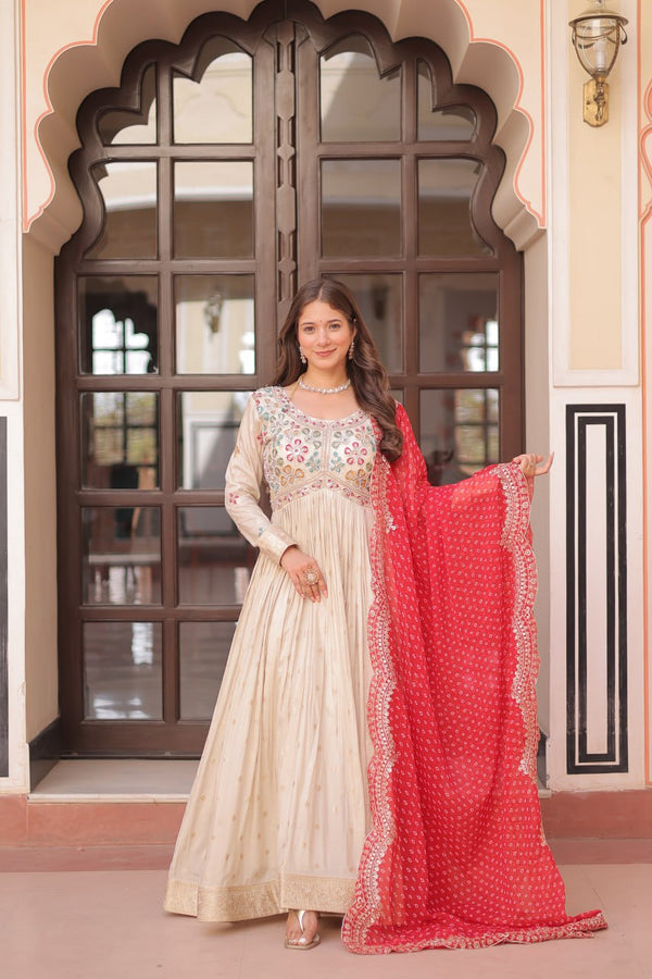 Pearl Beads Work Cream Color Gown With Red Dupatta