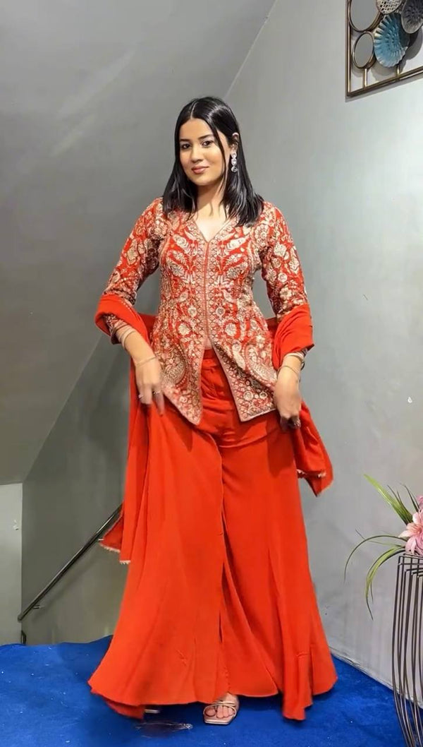 Orange Color Sequence Work Georgette Top With Palazzo Suit