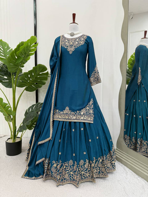Teal Blue Color Sequence Work Festive Wear Top With Lehenga