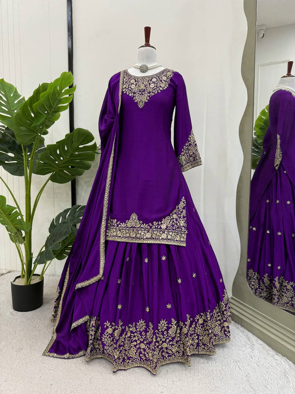 Purple Color Sequence Work Festive Wear Top With Lehenga