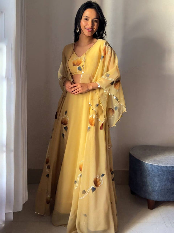 Printed Yellow Color Designer Koti With Lehenga Set