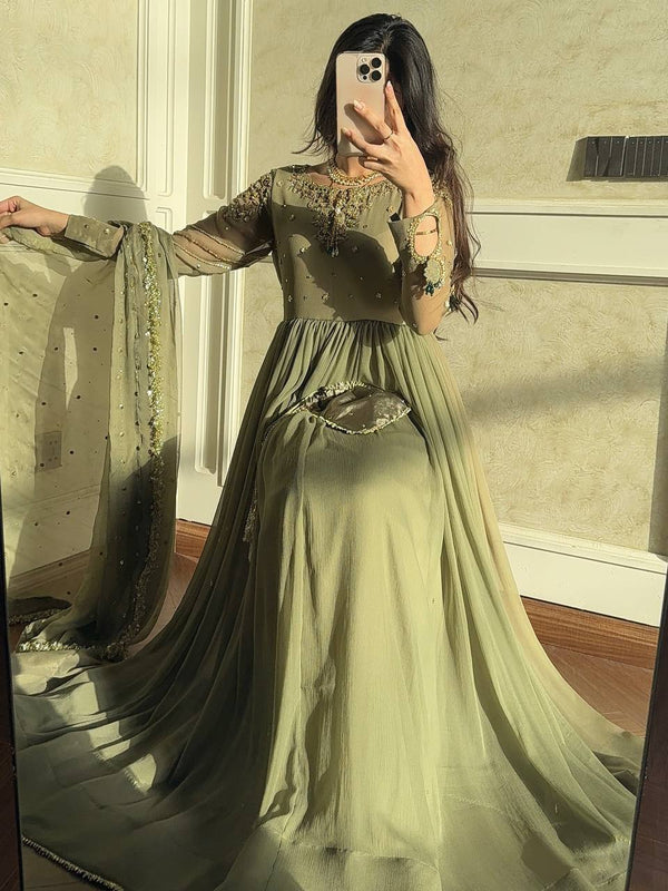 Georgette Pista Color Sequence Work Anarkali Gown
