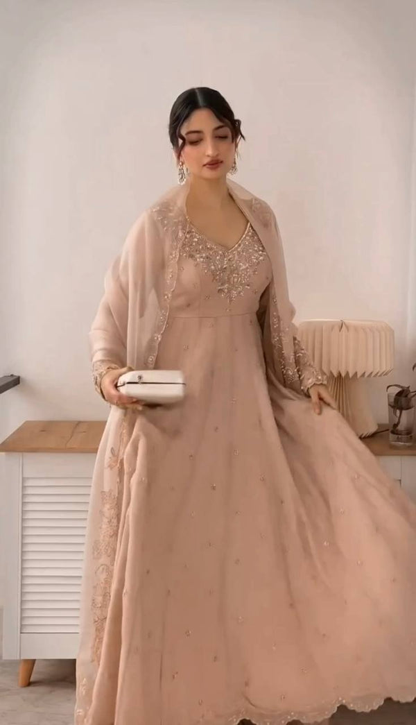 Gorgeous Sequence Work Peach Color Long Sleeve Gown