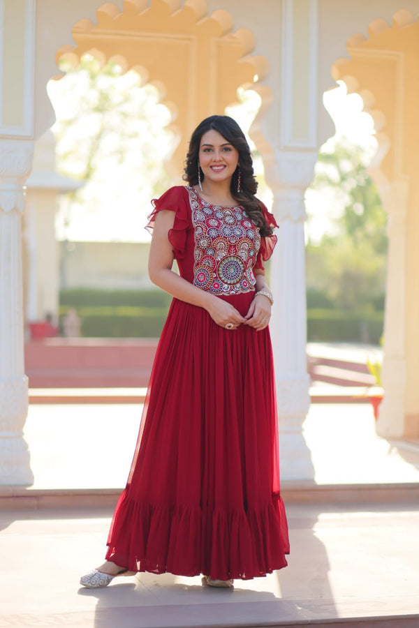 Multi Thread Work Maroon Color Wonderful Gown