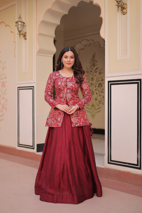 Maroon Color Festive Wear Top With Lehenga