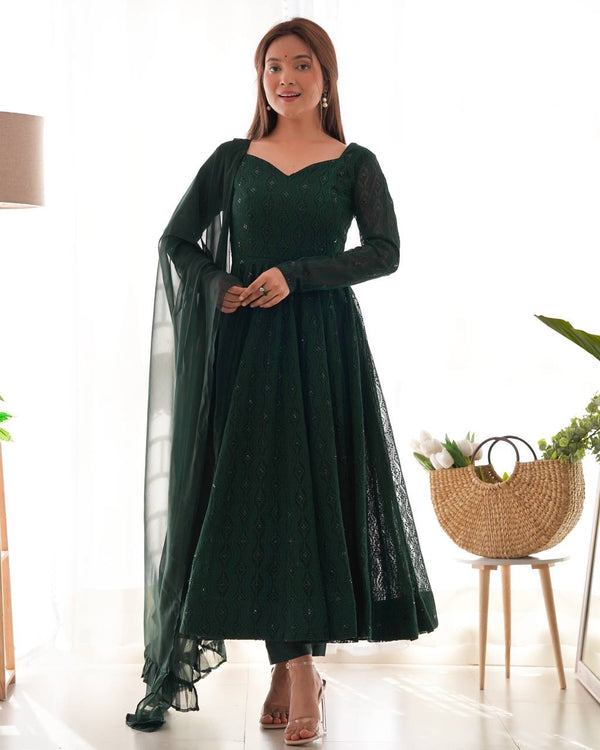 Lucknowi Sequence Work Green Color Anarkali Gown