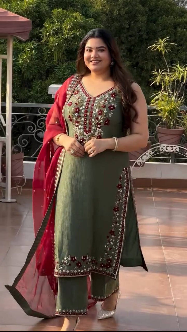 Vichitra Silk Mehndi Color Pearl Work Salwar Suit