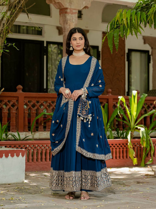 Blue Color Embroidery Work Gorgeous Gown