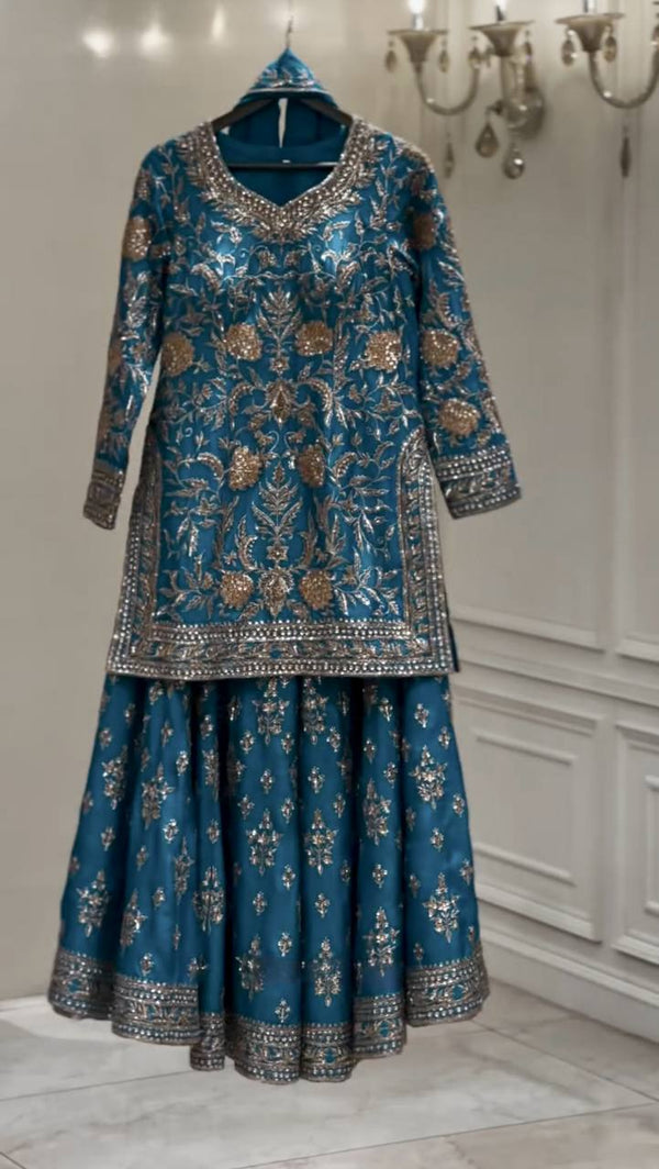 Chinon Silk Teal Blue Color Embroidery Work Palazzo Suit