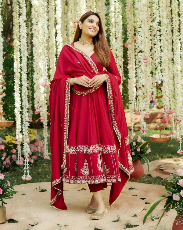 Red Color Multi Embroidered Anarkali Suit