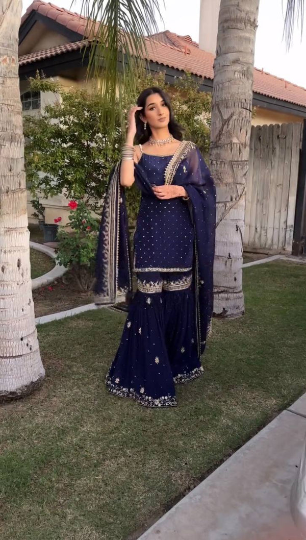 Georgette Blue Color Sequence Work Sharara Suit