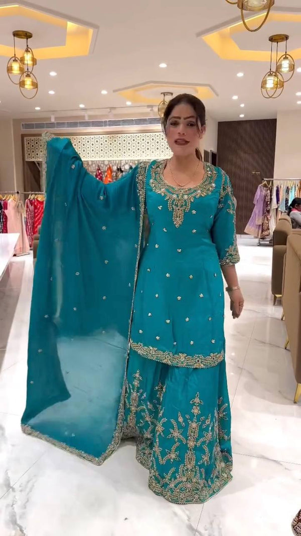 Embroidery Work Sky Blue Color Sharara Suit