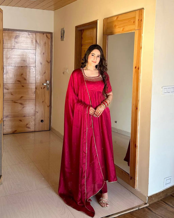 Wonderful Fully Stitched Pink Color Moti Work Long Gown