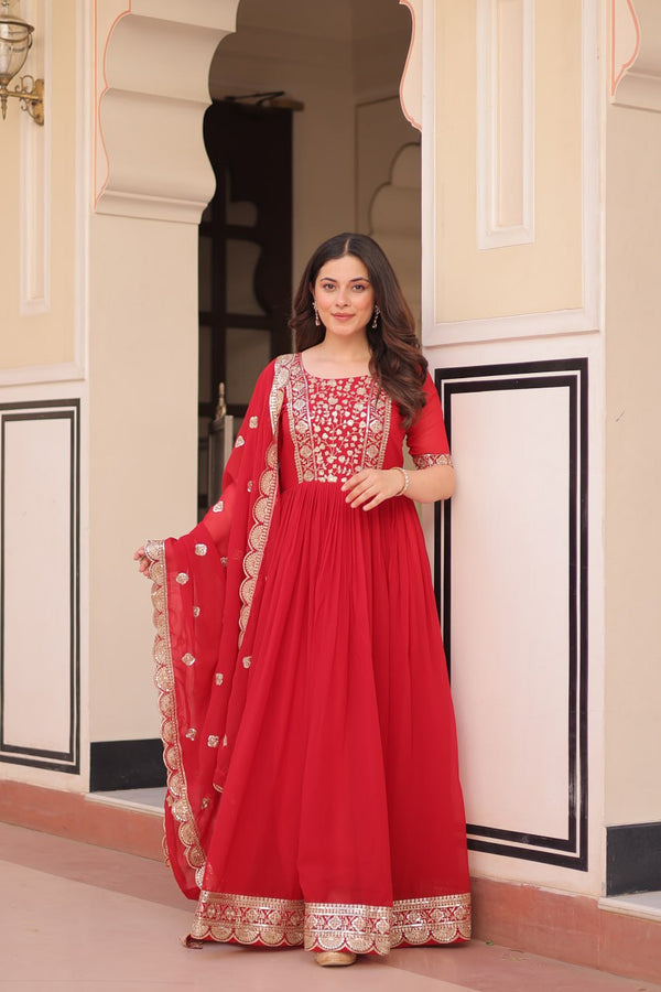 Red Color Embroidery Work Luxuriant Designer Gown