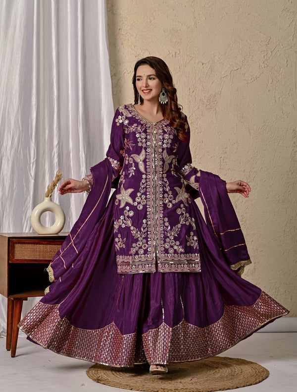 Heavy Work Wine Color Gorgeous Sharara Suit
