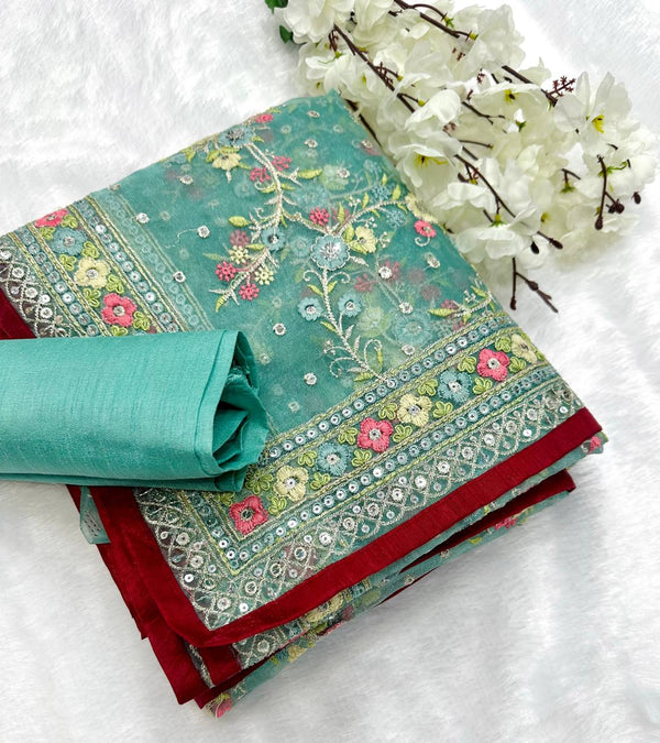 Sequence With Thread Work Rama Color Designer Saree