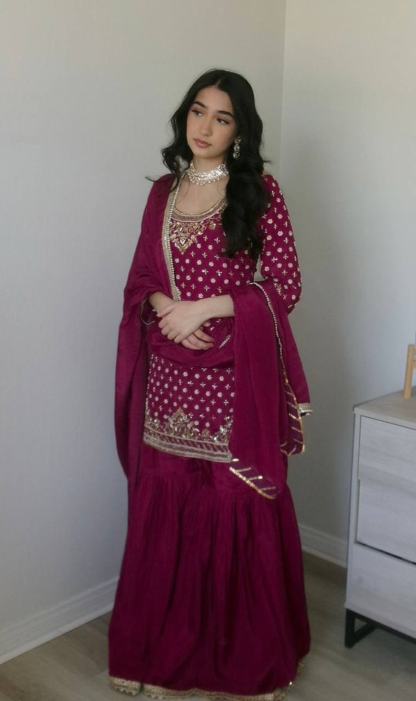 Pink Color Embroidery With Sequence Work Sharara Suit