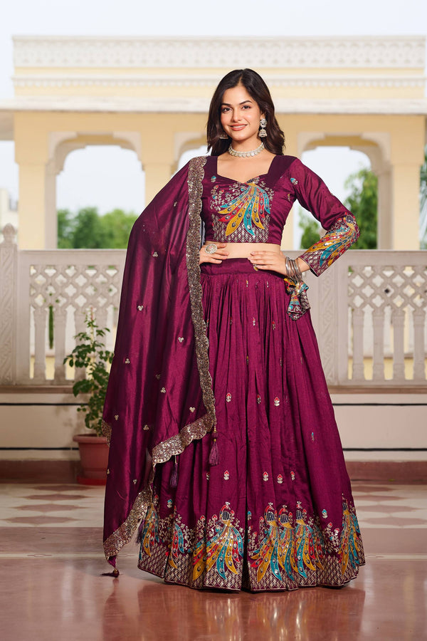 Wedding Wear Sequence & Thread Work Wine Lehenga Choli