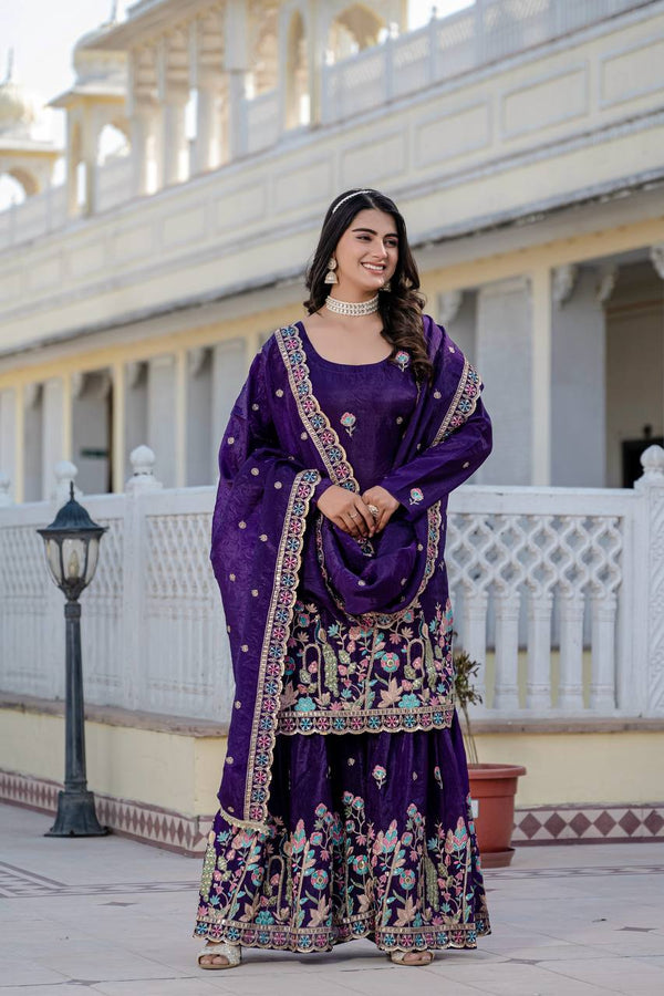 Heavy Embroidery Work Purple Color Shining Palazzo Suit