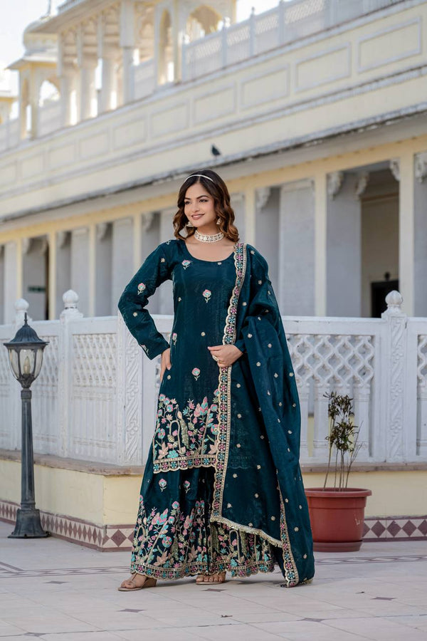 Heavy Embroidery Work Teal Green Color Shining Palazzo Suit