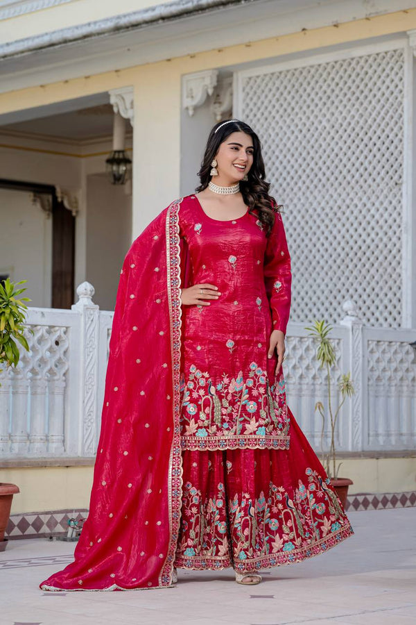 Heavy Embroidery Work Red Color Shining Palazzo Suit