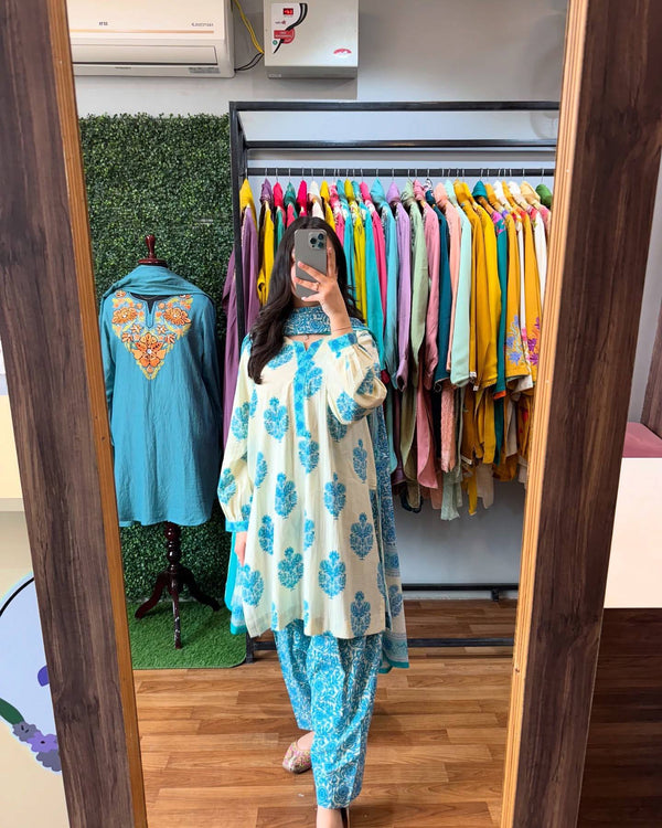 Printed Sky Blue Color Patiala Style Palazzo Suit