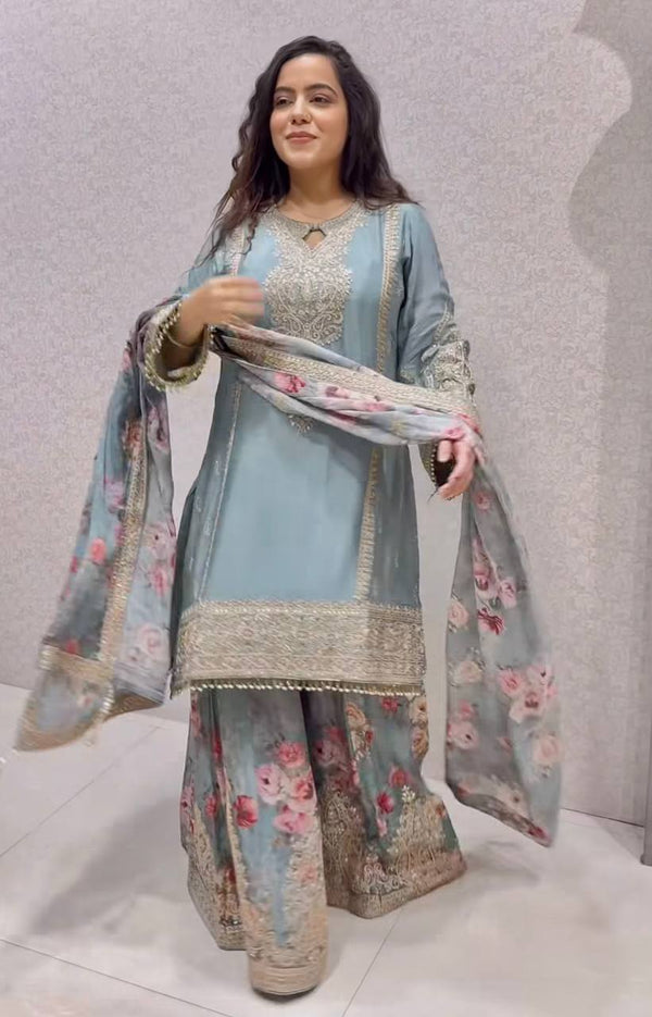 Fully stitched Sky Blue Color Printed Palazzo Suit