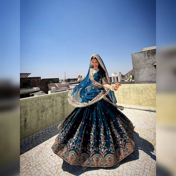 Rajasthani Teal Blue Color Heavy Work Lehenga Choli