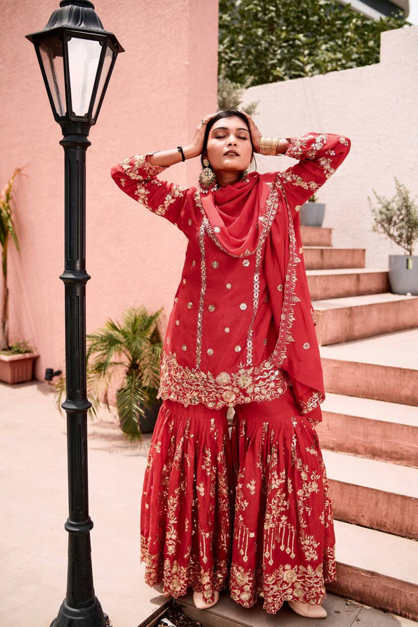 Red Color Heavy Work Festive Wear Sharara Suit