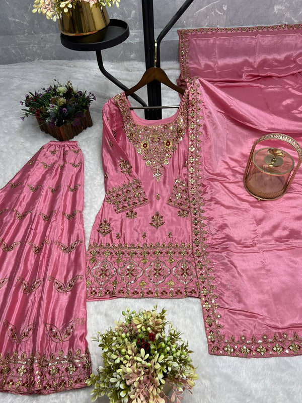 Pink Color Embroidered Fabulous Palazzo Suit