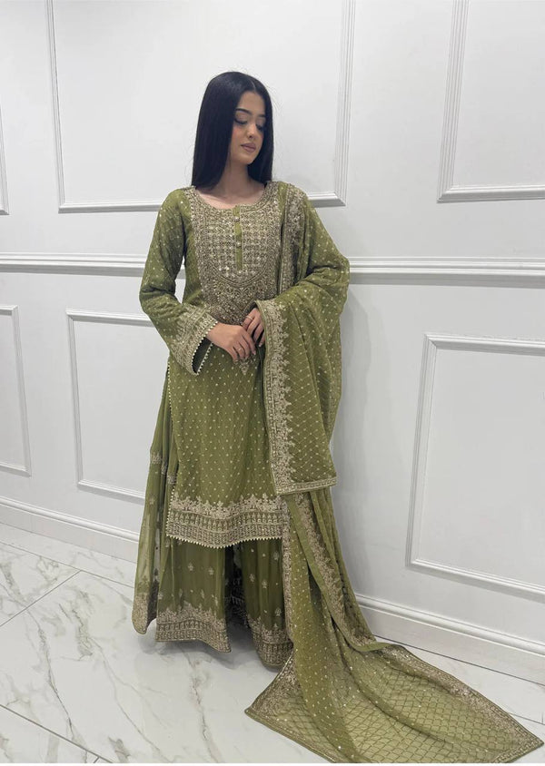 Thread With Sequence Work Mehndi Color Sharara Suit