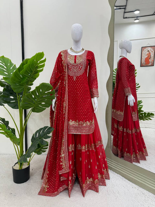 Thread With Sequence Work Red Color Sharara Suit
