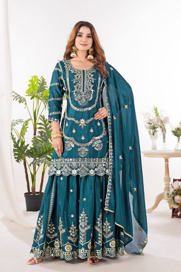 Sequence Work Teal Green Awesome Sharara Suit