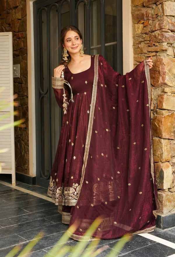 Trendy Maroon Silk Sequence Work Gown With Sharara
