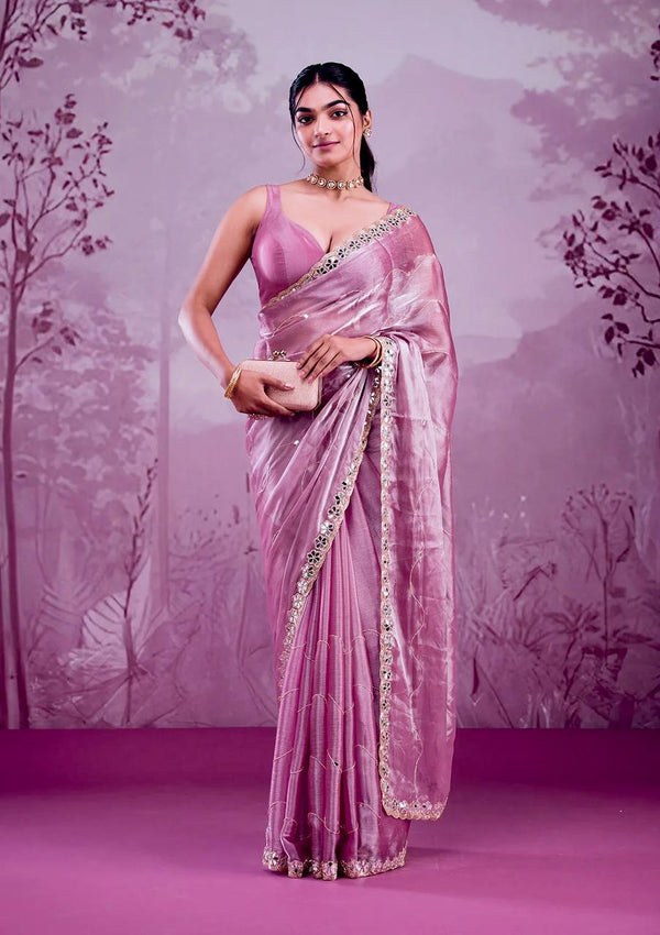 Lavender Color Embroidered Mirror Work Designer Saree