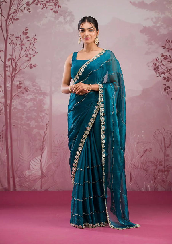 Teal Blue Color Embroidered Mirror Work Designer Saree