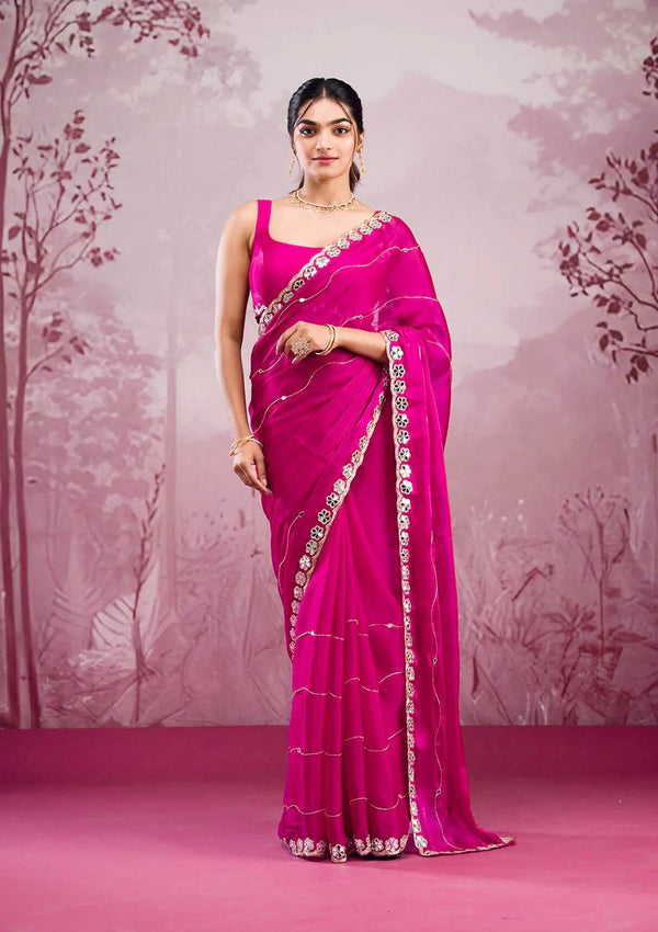 Pink Color Embroidered Mirror Work Designer Saree