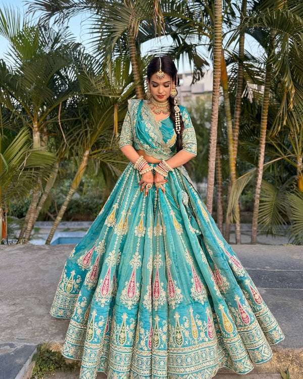 Designer Teal Green Simmer Sequence Lehenga Choli