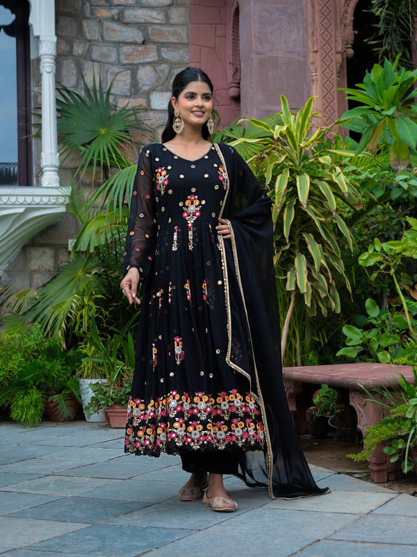 Thread Embroidery Work Flattering Black Color Gown
