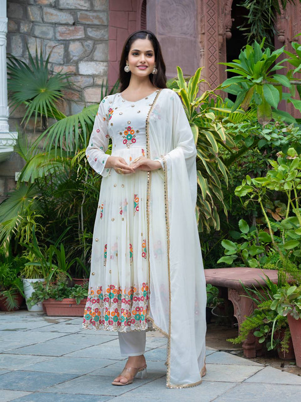 Thread Embroidery Work Flattering White Color Gown