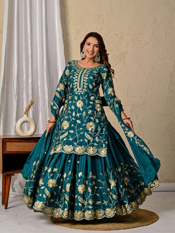 Function Wear Embroidered Teal Green Top With Lehenga Set